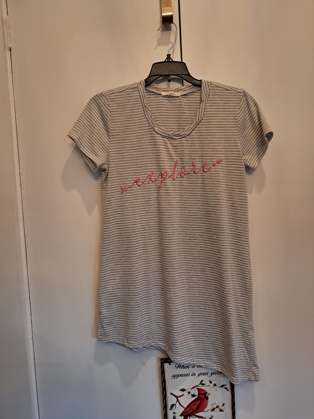 Maurices Gray & White Striped 'Explore' Tee with Pink Script
